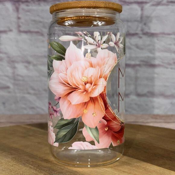 Floral 16oz Glass Tumbler with Bamboo Lid - 'MAMA' Design New - Picture 2 of 6